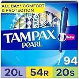 Tampax Pearl Tampons Multipack, Light/Regular/Super Absorbency, with Leakguard Braid, Unscented, 94 Count (Packaging May Vary)