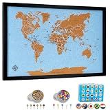 World Map Pin Board Medium 21"x14" Framed | Blue Ocean Cork Wall Map with 300 Push Pins | Country Flag, Metallic & Colored Pins | World Travel Map with Pins | Gift for Travelers, Couples & Families