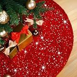 Christmas Tree Skirt 48 Inch, Red Sequin Christmas Trees Skirt, Large Sparkle Xmas Tree Stand Base Used for Christmas Holiday Indoor Home Decoration