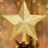 Glitter Christmas Star Tree Topper for Holiday Decorations, Christmas Tree Decoration for Holiday Ornament and Home Decor, Shatterproof Tree Toppers for Party Indoor ＆ Outdoor-Gold 8 inch