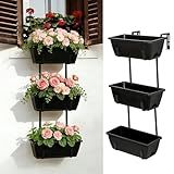 OYEAL Railing Planter Box 3 Tier Vertical Window Boxes Planter Outdoor with Adjustable Brackets & Rectangular Flower Pots Deck Railing Hanging Flower Pots for Patio, Lawn, Porch, Balcony Decor, Black