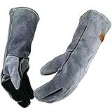 WZQH 16 Inches,932℉,Leather Welding Gloves, Heat/Fire Resistant,Large Mitts for BBQ,Oven,Grill,Fireplace,Tig,Mig,Forge,Baking,Furnace,Stove,Pot Holder,Animal Handling Glove.L Black-gray