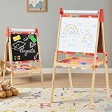 DUMOS Kids Easel Set with Paper Roll, Adjustable Height Double-Sided Magnetic Chalkboard & Whiteboard Art Station for Ages 3+, Dry Erase Board, Gift for Girls and Boys, Red
