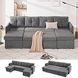 Huatean Home Oversized Sleeper Sofa Couch, 110 inch 2 in 1 Pullout Couch Bed with Double Storage Chaise, Sectional Sleeper Sofa Bed with Side Pocket for Living Room, Dark Grey