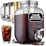 Zulay 1 Gallon/128oz Cold Brew Coffee Maker – Thick Glass Pitcher with Stainless Steel Filter, Lid & Spout – Large Mason Jar Container Dispenser - Iced Coffee & Sun Tea Brewer for Fridge – Silver