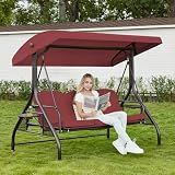 Oungelark 3 Seat Outdoor Patio Porch Swing with Stand and Adjustable Canopy