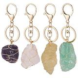 FINGERINSPIRE 4Pcs Natural Quartz Crystal Stone Keychain,4 Styles Wire Wrapped Irregular Rough Gemstone Amethyst Rose Quartz Fluorite Citrine Crystal Stone Keychain with Alloy Rings for Women Men Gift