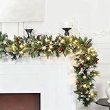 HipTree 9ft Christmas Garland with Lights,Lighted Artificial Flowering Pine Garland for Mantle,Prelit Faux Green Christmas Winter Garland with Pine Cones and Red Berry for Indoor Outdoor Decor