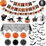 Ouddy Life Halloween Decorations Party Indoor Set, Happy Halloween Banner, Hanging Swirls, Honeycomb Balls, Paper Fans Lanterns Pompoms, Fireplace Mantel Scarf, Bat Stickers for Home Decor