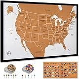 USA Travel Map with Pins – Large 30" x 20" United States Cork Board Wall Map with Wood Frame, Decorative Push Pin Map with 51 State Flag Pins, Metallic & Colored Pins – Track Travels – Gift for Travelers, Couples & Families