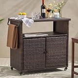 Andehomy 35.2" Outdoor Wicker Bar Cart with Storage Cabinet & Table, Brown
