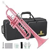 ROWELL Bb Standard Trumpet Professional Brass Trumpets for Beginner Standard Student Trumpet Set with Hard Case,7C Mouthpiece,Cleaning Kit,Gloves(Pink)