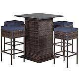 RELAX4LIFE 5-Piece Outdoor Bar Set, Wicker Rattan Bar Height Patio Set w/4 Cushion Bar Stools & Table with Hidden Storage, 5PCS Outdoor High Top Table and Chairs Set for Backyard Poolside (Navy Blue)