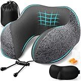 ExploreBliss Travel Pillow, Travel Pillows for Sleeping Airplane, Removable Cover Neck Pillow with Adjustable Clasp, Memory Foam Neck Pillow Set with Eye Mask, Earplugs and Storage Bag (Dark Grey)