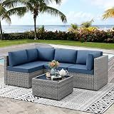 Vongrasig 5 Pieces Outdoor Sectional Furniture, All-Weather Rattan Patio Furniture Set, Wicker Patio Sectional Couch with Cushion, Glass Table, Navy Blue