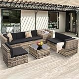 KROFEM 8-Piece Patio Furniture Set, Outdoor Wicker Rattan Sectional with Thick Cushions, Glass Top Table with Hidden Storage, Outdoor Conversation Set for Backyard, Porch, Patio, Black