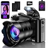 8K Digital Cameras for Photography with WiFi,Autofocus 88MP Vlogging Camera for YouTube with Dual-Lens,16X Digital Zoom Point and Shoot Camera,3.2''Touch Screen, Anti-Shake,2 Batteries &Charging Stand
