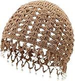 Coesik Crochet Hat for Women Handmade Cotton Summer Beanie with Pearl Trim Boho Skull Cap for Beach Vacation Daily Wear