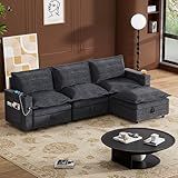 Modular Sectional Sofa, 90.6" Cloud Sectional Couch with Cup Holder and USB, 3 Seat Modular Sofa with Storage Seat, Upholstered Sectional Couches for Living Room, Dark Black
