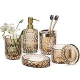 EMPO 6PCS Bathroom Clear Glass Accessories Set (Lotion Soap Dispenser, Soap Dish, Toothbrush Holder, Tumbler, Cotton Swab Jar), Contemporary Modern Decor Crystal Vintage Gift (6pcs Brown)