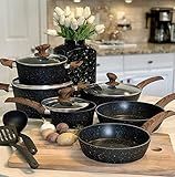 Kitchen Academy Induction Cookware Sets - 12 Piece Cooking Pan Set, Granite Black Nonstick Pots and Pans Set