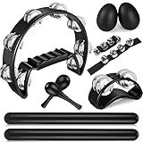 10 Pcs Black Tambourine Set for Adults - Half Moon Tambourine, Foot with Bells,Wrist Bells, Egg Shakers, Wooden Rhythm Sticks,Pair of Maracas, Musical Percussion Instrument Set for Church and Parties