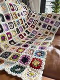 RISEON Handmade Granny Square Crochet Throw Blanket Sweater Style Mat, Crochet Quilt, Multicolor Boho Travel Accent Decor Throw for Sofa Comforter Couch Bed Recliner Living Room Bedroom 47" x47"