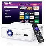Aurzen Roku TV Smart Projector with Wifi and Bluetooth, Roku Streaming Experience Built-in, 1080P FHD, Dolby Audio, Auto Focus & Keystone, Zoom, Movie Portable Outdoor Mini Projector, White