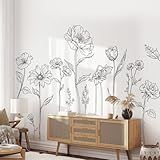 Large Black Boho Flower Wall Decals, 3 Sheets Simple Sketch Floral Wall Stickers Peony Wildflower Peel Stick Wall Art Decor Bedroom Home Room Office Garden Hall Adult Gifts for Mom(11.8x35.4 in/Sheet)
