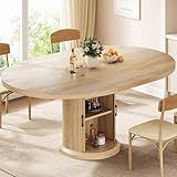 Jocoevol Extendable Round Kitchen Dining Room Table for 4-6 with 2-Tier Storage Shelf, 63'' Space Saving Expandable Wood Oval Circle Dinner Furniture with Pedestal Base (Natural Oka)