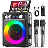 VOSOCO Karaoke Machine, Portable Bluetooth Karaoke Speaker with 2 Wireless Microphones, PA System for Adults Kids with LED Lights, Supports FM/AUX/USB/TF for Home Party