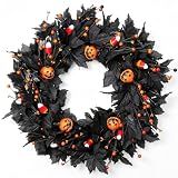 MAINGKAUNG Pumpkin Halloween Wreath 24 Inch Black Maple Leave Wreaths for Front Door with Ghost Pumpkin Orange Berries for Indoor Window Wall Halloween Party