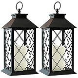 Bright Zeal 2-Pack 13.5" Vintage Candle Lantern with LED Pillar Candle (Black, 6hr Timer) - IP44 Waterproof Battery Powered Decorative Light - Outdoor Patio Hanging Lantern Decorative Tabletop Light