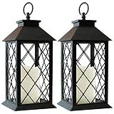 Bright Zeal 2-Pack 13.5" Vintage Candle Lantern with LED Pillar Candle (Black, 6hr Timer) - IP44 Waterproof Battery Powered Decorative Light - Outdoor Patio Hanging Lantern Decorative Tabletop Light