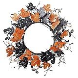 YNYLCHMX 18" Halloween Wreath for Front Door, Halloween Door Wreaths, Fall Autumn Farmhouse Wreath with Golden and Black Maple Leaves for Home Winsow Decorations Indoor Outdoor Party Decor