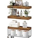 QEEIG Bathroom Shelves Over Toilet - Wall Mounted Floating Shelves Toilet Paper Storage Small Farmhouse Decor Shelf 16 inch Set of 3, Rustic Brown (019-BN3)