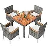 Shintenchi 5 Piece Patio Dining Set, Wicker Patio Conversation Set with Wooden Table Top, Outdoor Table and Chairs with Soft Cushions for Backyard, Deck and Garden, Grey Wicker