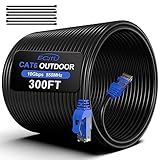 300FT Cat6 Outdoor Ethernet Cable, In-Ground, Heavy Duty Direct Burial, 24AWG CCA Patch Cord, POE, UTP, Waterproof, LLDPE UV Resistant, Network, Internet, LAN, Cat 6 Cable 300 Feet with 25 Cable Ties