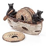 Bear Coasters Set of 6 Full Size Rustic Coasters in Handmade Canoe with Adorable Black Bear Figurines | Black Bear Log Cabin Decorations, Rustic Lodge Decor for The Home
