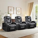 ANJ Power Recliner Chair Set of 3, Electric Soft Leather Reclining Home Theater Seating - USB Ports, Cup Holders, Hidden Arm Storage Movie & Media Room Chairs (Black)