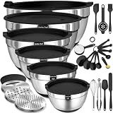 Thickened Heavy-Duty 26pcs Stainless Steel Bowl, Mixing Bowl Set with Lid, Grater Attachment, Non-Slip Bottom and Kitchen Gadget Set, Sizes 7, 4, 2.5, 2.0, 1.5, 1QT, Ideal for Mixing and Serving