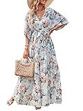 ANRABESS Women’s Summer Loose Boho Flowy Wrap V Neck 3/4 Sleeve Floral Print Slit Beach Wedding Guest Long Maxi Dresses White Flor Medium