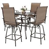NUU GARDEN 5 Piece Patio Bar Set with Glass Table and 4 Swivel Chairs,Black&Brown