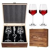 AW BRIDAL Mr and Mrs Wine Glasses Wedding Gifts for Couples 2025, Engagement Gift for Newlyweds, Bridal Shower and Bachelorette Gifts for Bride, Wine Opener Stopper and Engraved Wooden Keepsake Box