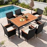 Devoko 7 PCS Acacia Wood Patio Dining Set, Black Rattan