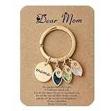 Personalized Mama Keychain with Birthstone Leaf Initial Charms, Gold Tone