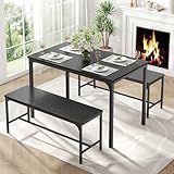 DUMOS Dining Table Set, Dining Table for 4 with Bench, Kitchen Table, Space-Saving Ideal 4-Person Set for Dining Room Kitchen Apartment Corner Black 3 Pack