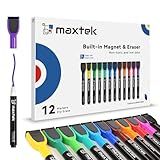 maxtek Magnetic Dry Erase Markers with Eraser - 12 Count Colorful Fine Tip Whiteboard Markers for Kids, Low Odor Whiteboard Markers for Calendar Boards White Board