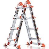LANBITOU Ladder, A Frame 4 Step Ladder Extension, 14 FT Anti-Slip Multi Position & Storage Folding Ladder, 330 lbs Security Load Telescoping Aluminum Ladders for Stairs Home Indoor Outdoor Roof