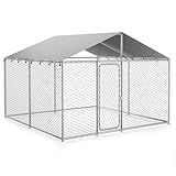 10'x10' Large Outdoor Dog Kennel Outside with Roof, Heavy Duty Dog Enclosure with Security Lock and Removable Waterproof Cover, Galvanized Wire Mesh Dog Cage for Large Dogs